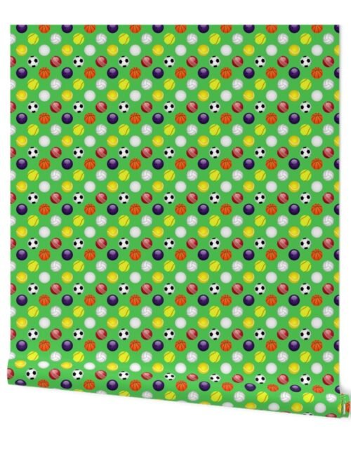Small Sports Balls Soccer, Tennis, Basket, Base, Cricket, Volley, Golf, Soft and Pool Balls on Grass Green Wallpaper
