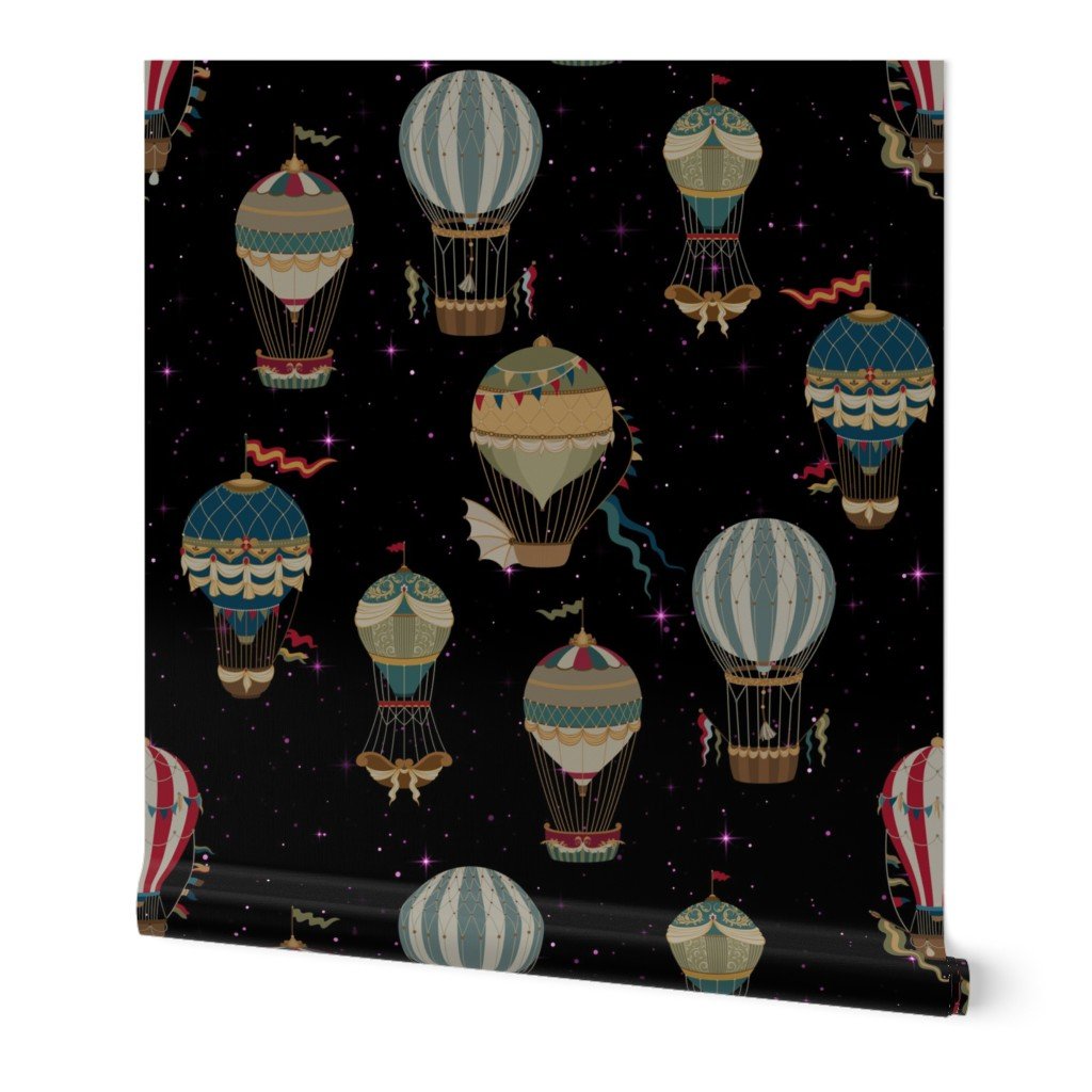 Vintage Ornamental Winged Hot Air Helium Balloons Bright Pink Starry Night Wallpaper Vintage Ornamental Winged Hot Air Helium Balloons Bright Pink Starry Night Wallpaper
