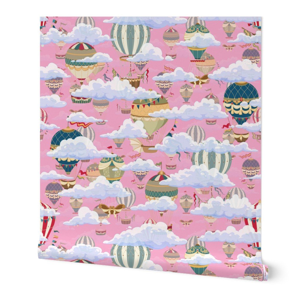 Large Pink Vintage Ornamental Winged Hot Air Helium Balloons in Clouds Race Wallpaper Large Pink Vintage Ornamental Winged Hot Air Helium Balloons in Clouds Race Wallpaper