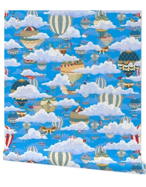 Large Blue Vintage Ornamental Winged Hot Air Helium Balloons in Clouds Race Wallpaper