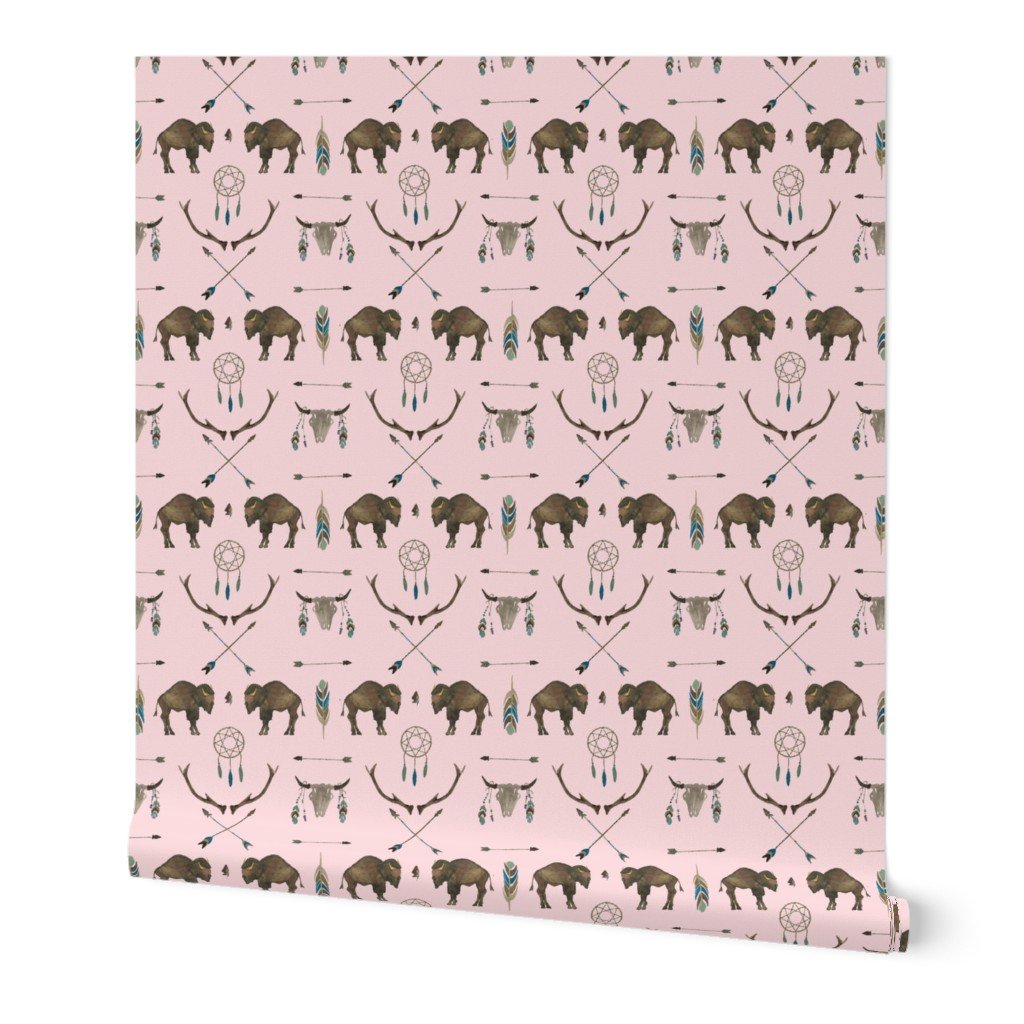 Pale Pink Buffalo Handpainted Western Motifs Wallpaper Pale Pink Buffalo Handpainted Western Motifs Wallpaper