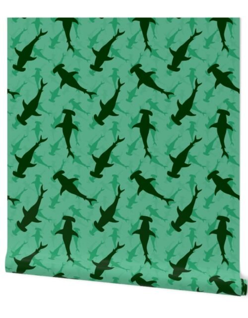 Dark Hammerhead Sharks Silhouette Circling  in Jade Green Water Wallpaper