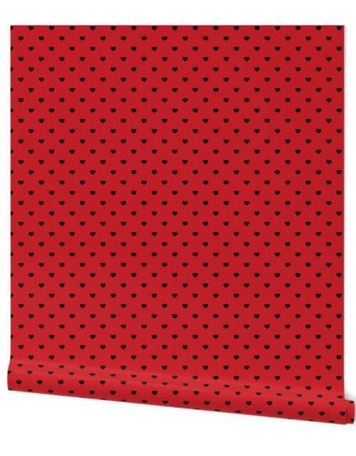 Mini Black Valentines Polkadot Love Hearts on Poppy Red Background Wallpaper