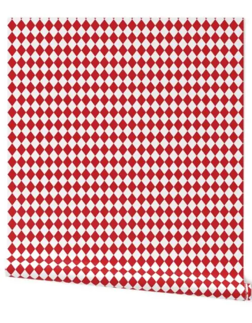 Small Poppy Red and White Diamond Harlequin Check Pattern Wallpaper