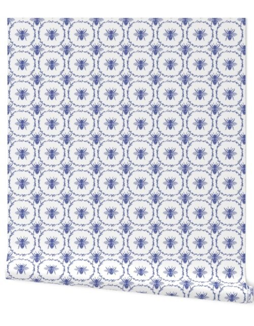 Small Vintage Shabby Chic Bees in Laurel Wreaths in Royal Blue on White Wallpaper