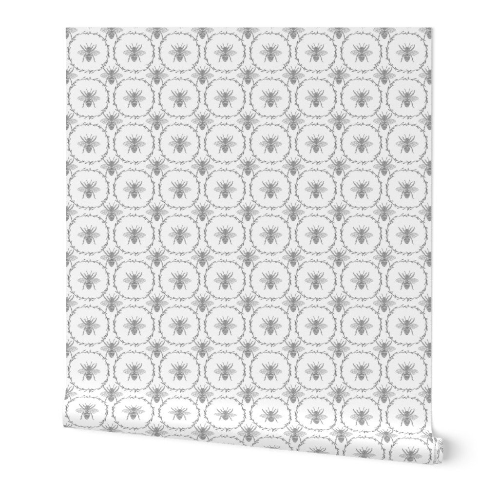 Large Vintage Shabby Chic Bees in Laurel Wreaths in Silvery Grey on White Wallpaper Large Vintage Shabby Chic Bees in Laurel Wreaths in Silvery Grey on White Wallpaper