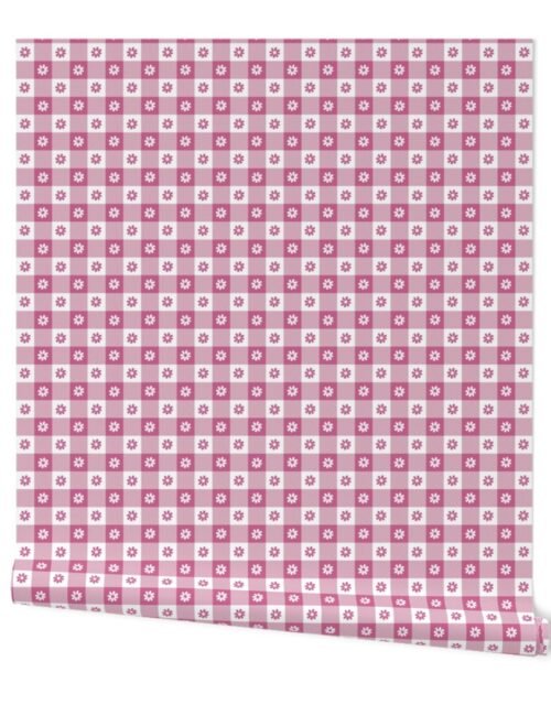 Peony Pink and White Gingham Check with Center Floral Medallions in Peony and White Wallpaper