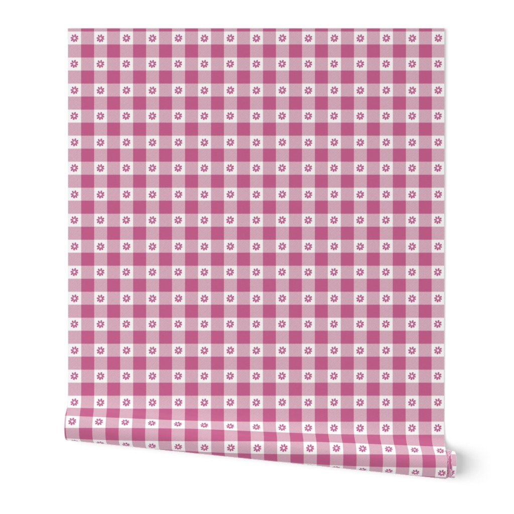 Peony Pink and White Gingham Check with Center Floral Medallions in Peony Wallpaper Peony Pink and White Gingham Check with Center Floral Medallions in Peony Wallpaper