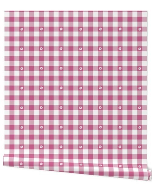 Peony Pink and White Gingham Check with Center Floral Medallions in White Wallpaper