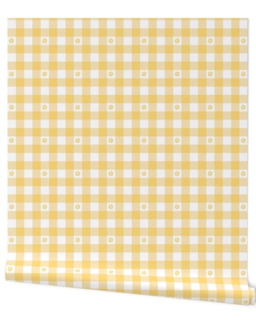 Buttercup Yellow and White Gingham Check with Center Floral Medallions in Yellow Wallpaper