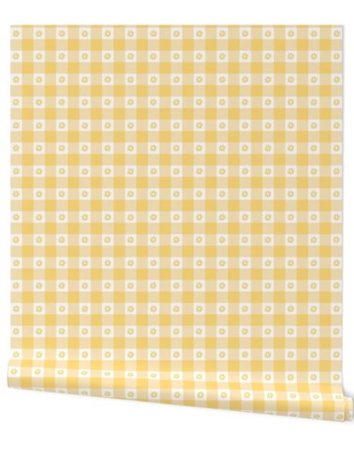 Buttercup Yellow and White Gingham Check with Center Floral Medallions in Yellow Wallpaper