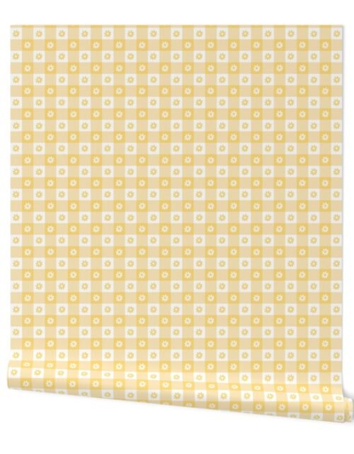 Buttercup Yellow and White Gingham Check with Center Floral Medallions in White and Yellow Wallpaper