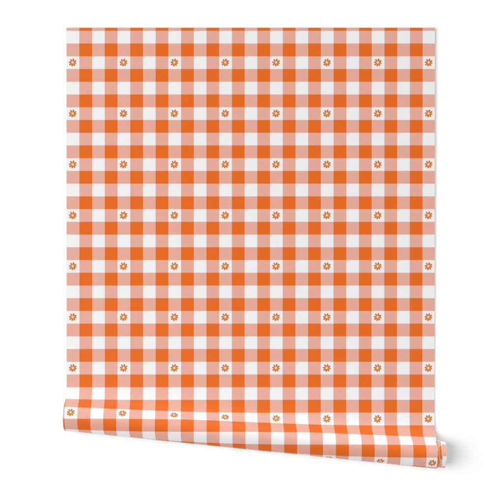 Carrot Orange and White Gingham Check with Center Floral Medallions in Carrot Wallpaper Carrot Orange and White Gingham Check with Center Floral Medallions in Carrot Wallpaper