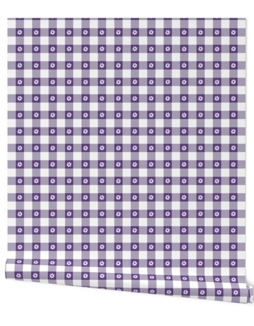 Purple Grape and White Gingham Check with Center Floral Medallions in White Wallpaper