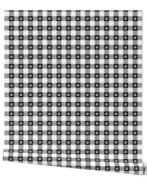 Black and White Gingham Check with Center Floral Medallions in White Wallpaper
