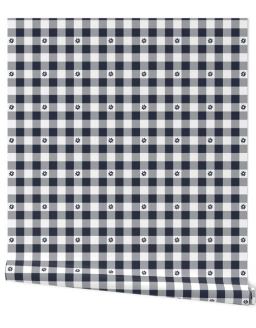 Navy Blue and White Gingham Check with Center Floral Medallions in Navy Wallpaper