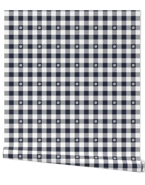Navy Blue and White Gingham Check with Center Floral Medallions in White Wallpaper