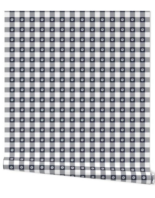 Navy Blue and White Gingham Check with Center Floral Medallions in White Wallpaper