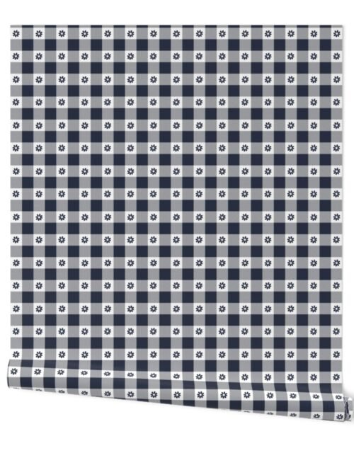 Navy Blue and White Gingham Check with Center Floral Medallions in Navy Wallpaper