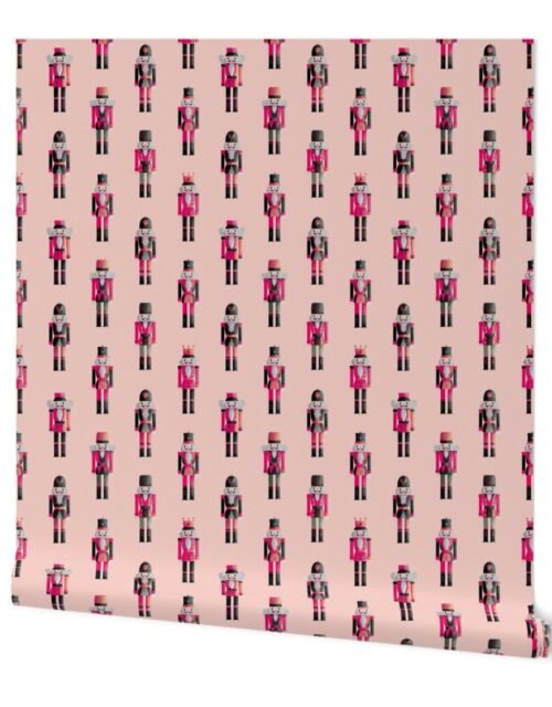 Soldier and King Christmas Nutcrackers Parade on Pale Pastel Pink Wallpaper