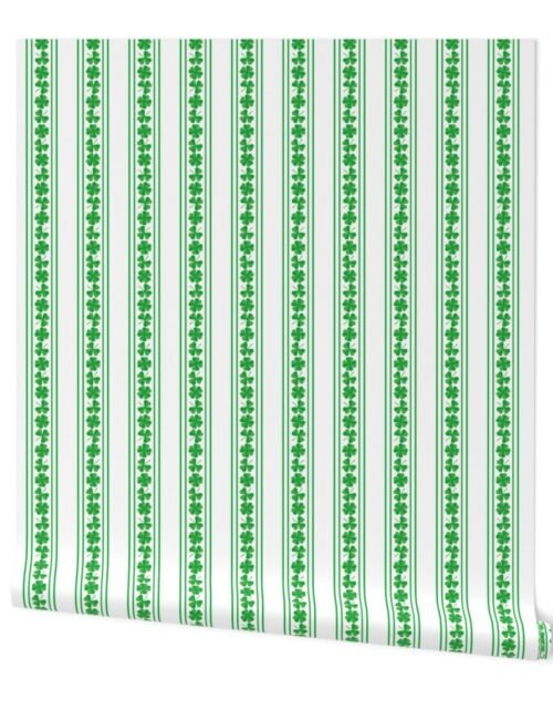 Double Striped St. Patricks 3 and 4-Leafed Shamrocks in Kelly Green on White Wallpaper