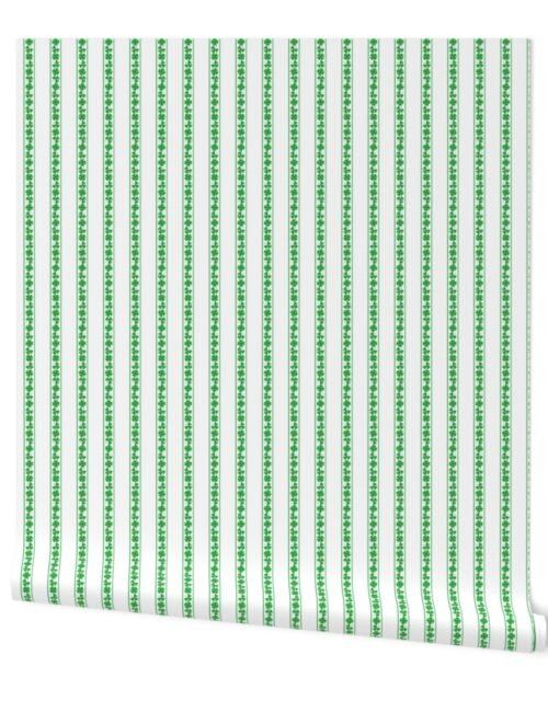 Small Single  Striped St. Patricks 3 and 4-Leafed Shamrocks in Kelly Green on White Wallpaper