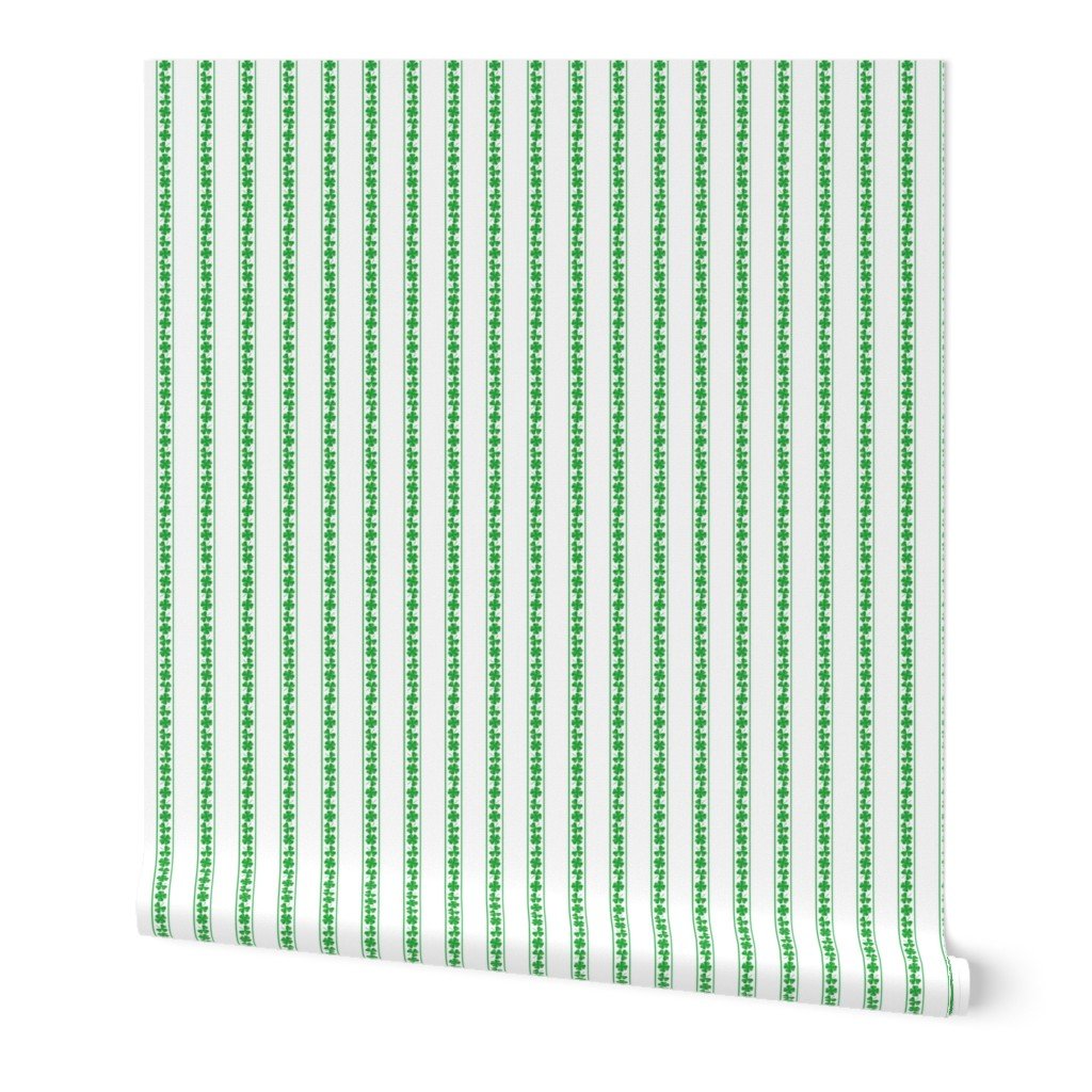 Small Single Striped St. Patricks 3 and 4-Leafed Shamrocks in Kelly Green on White Wallpaper Small Single Striped St. Patricks 3 and 4-Leafed Shamrocks in Kelly Green on White Wallpaper