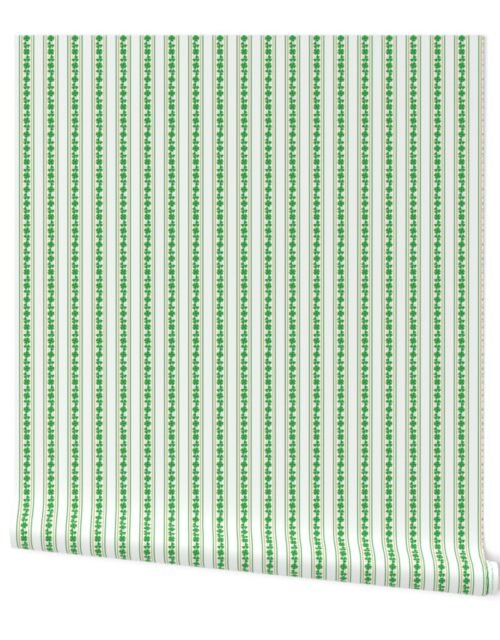 Double Striped Orange and Green St. Patricks 3 and 4-Leafed Shamrocks in Kelly Green on White Wallpaper