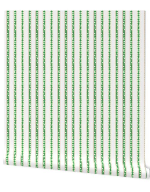 Single Striped Orange St. Patricks 3 and 4-Leafed Shamrocks in Kelly Green on White Wallpaper