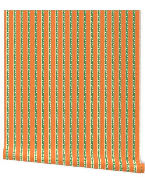 St. Patricks 3 and 4-Leafed Shamrocks in Kelly Green on Orange Wallpaper