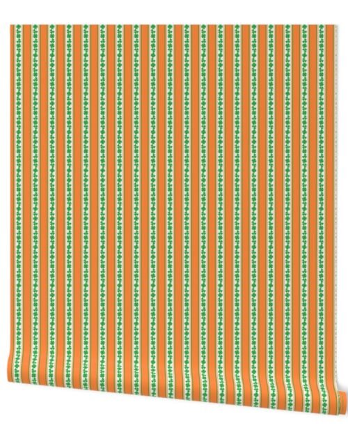Double Striped Green and Orange St. Patricks 3 and 4-Leafed Shamrocks in Kelly Green on Orange Wallpaper