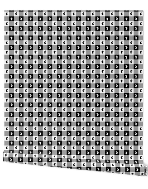 Black and White Easter Gingham Check with Center Bunny in Black and White Wallpaper