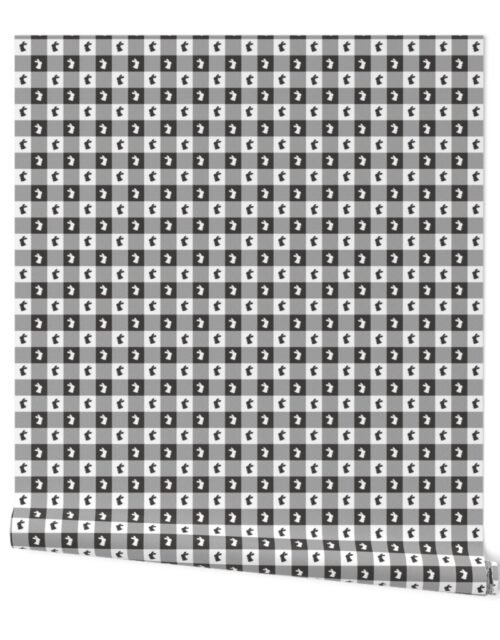 Graphite and White Gingham Check with Center Easter Bunny Medallions in Graphite and White Wallpaper
