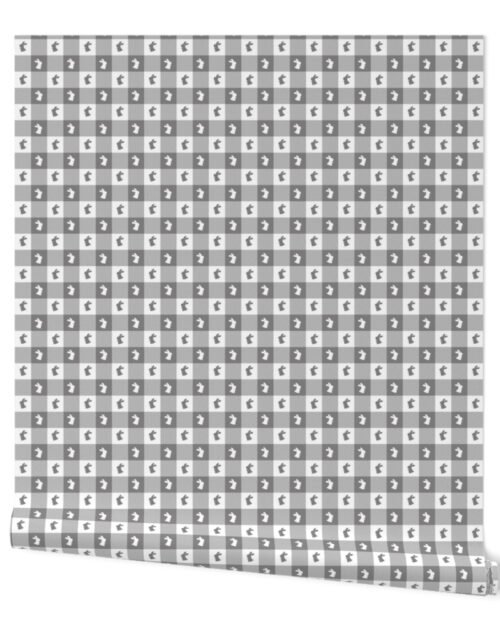 Pewter and White Gingham Check with Center Bunny Medallions in Pewter and White Wallpaper