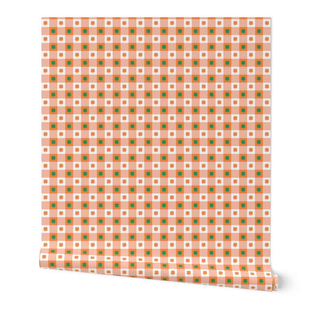 Orange and White Gingham Check with Center Shamrock Medallions in Kelly and Orange Wallpaper Orange and White Gingham Check with Center Shamrock Medallions in Kelly and Orange Wallpaper