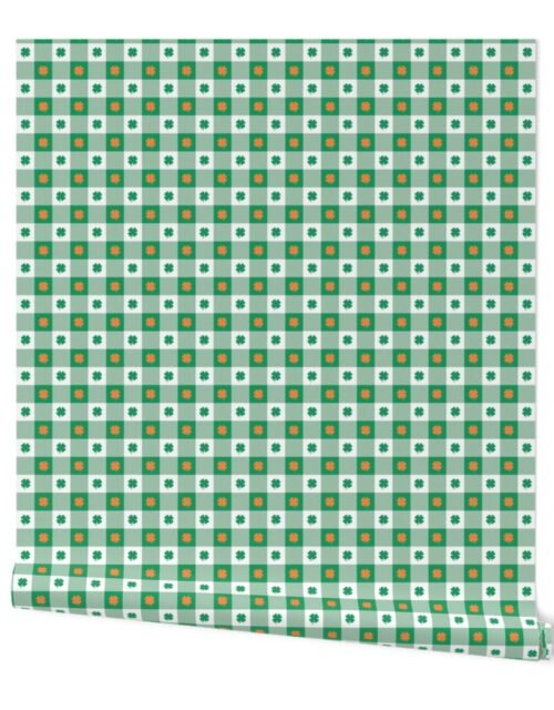Kelly  and White Gingham Check with Center Shamrock Medallions in Kelly and Orange Wallpaper