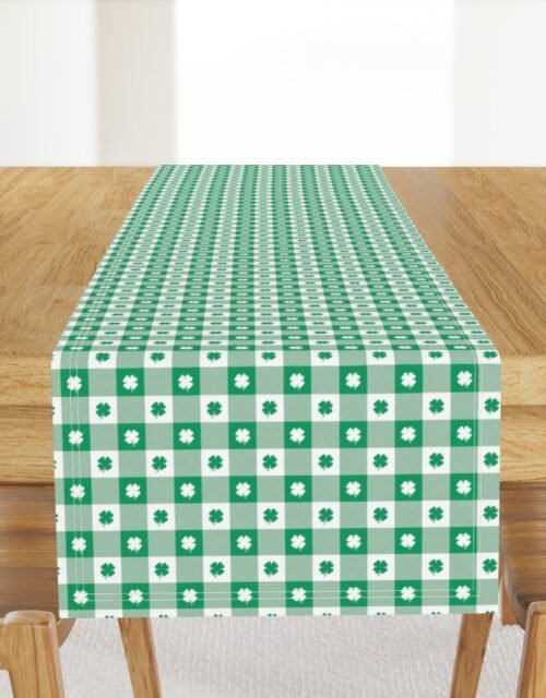 Kelly  and White Gingham Check with Center Shamrock Medallions in Kelly and White Table Runner