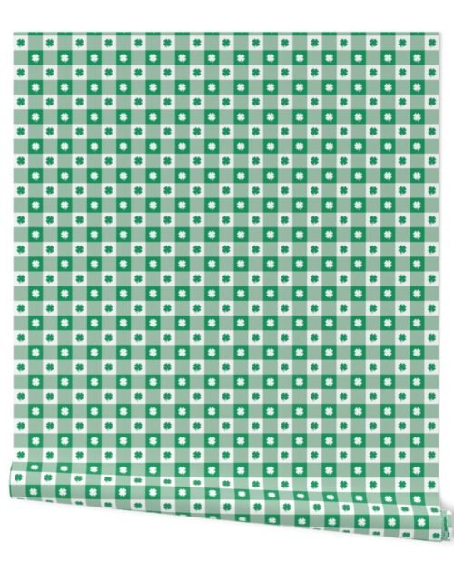 Kelly  and White Gingham Check with Center Shamrock Medallions in Kelly and White Wallpaper