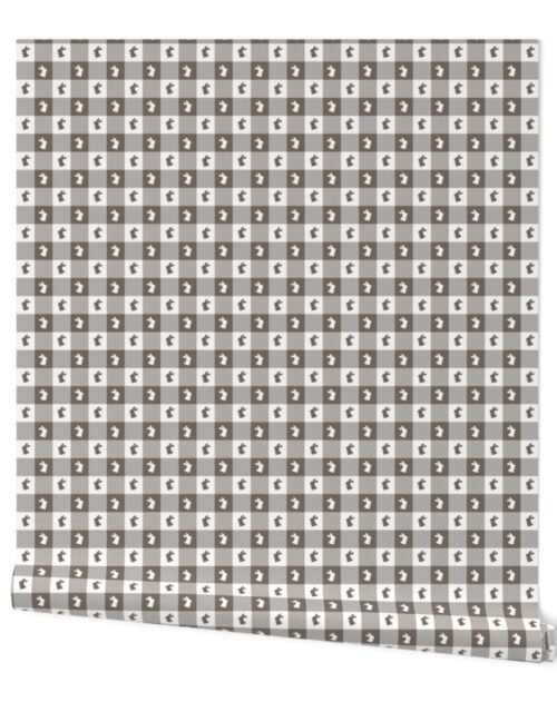 Bark and White Gingham Check with Center Bunny Medallions in Bark and White Wallpaper