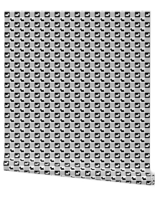 White  and Black Gingham Check with Center Scottie Medallions in White  and Black Wallpaper