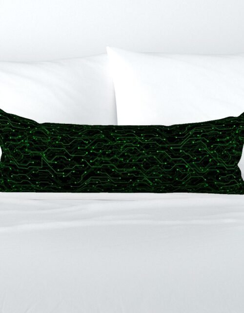Small Bright Green Neon Computer Motherboard Circuitry Extra Long Lumbar Pillow