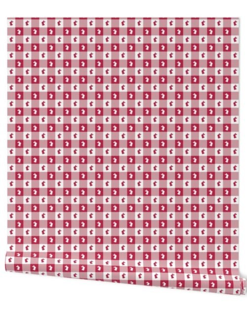 White  and Magenta Gingham Check with Center Bunny Medallions in White  and Magenta Wallpaper