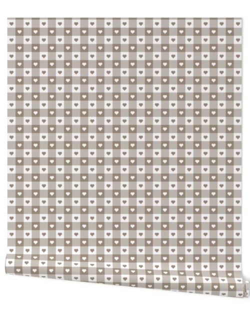Mushroom and White Gingham Valentines Check with Center Heart Medallions in Mushroom and White Wallpaper