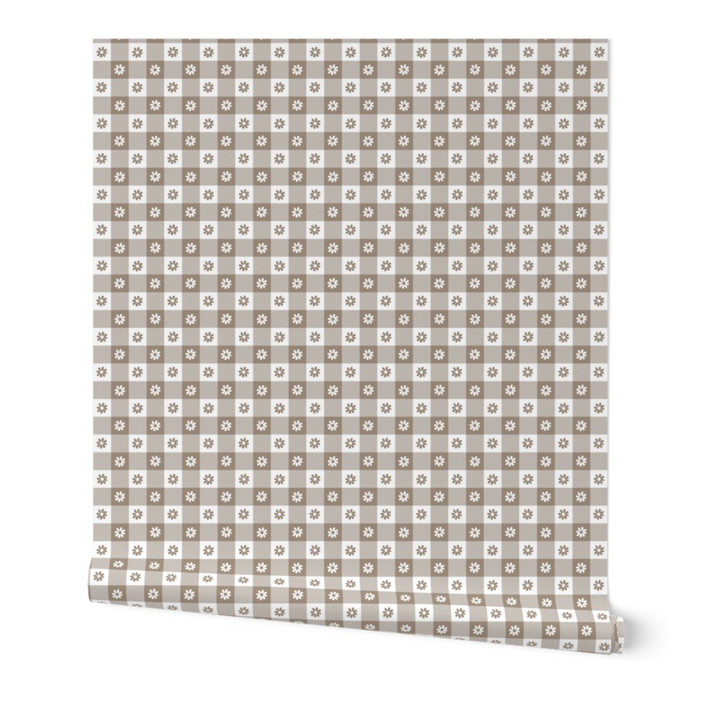 Mushroom and White Gingham Floral Check with Center Floral Medallions in Mushroom and White Wallpaper Mushroom and White Gingham Floral Check with Center Floral Medallions in Mushroom and White Wallpaper
