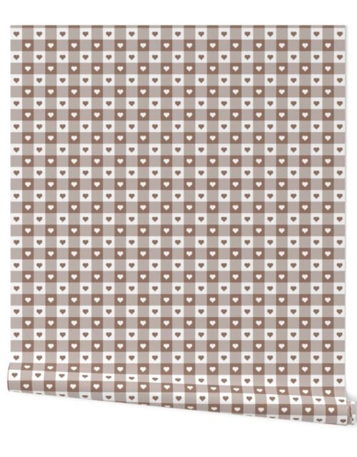 Mocha and White Gingham Valentines Check with Center Heart Medallions in Mushroom and White Wallpaper