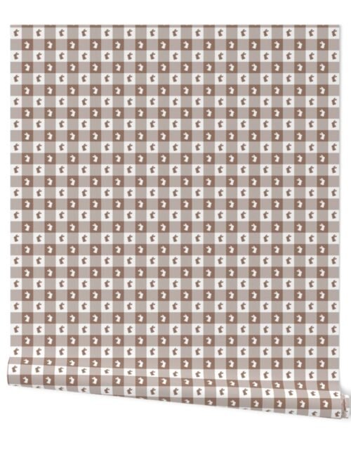 Mocha and White Gingham Easter Check with Center Bunny Medallions in Mocha and White Wallpaper