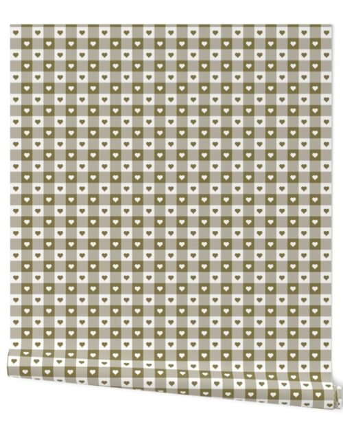 Moss and White Gingham Valentines Check with Center Heart Medallions in Moss and White Wallpaper