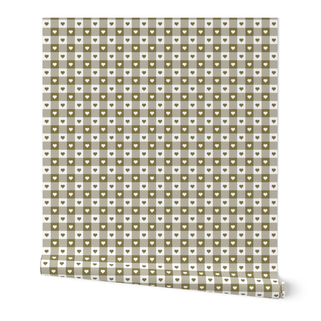 Moss and White Gingham Valentines Check with Center Heart Medallions in Moss and White Wallpaper Moss and White Gingham Valentines Check with Center Heart Medallions in Moss and White Wallpaper