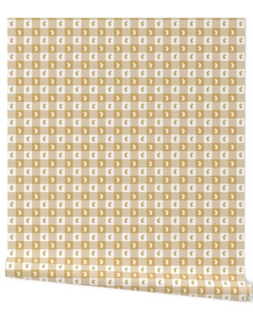 Honey and White Gingham Easter Check with Center Bunny Medallions in Honey and White Wallpaper