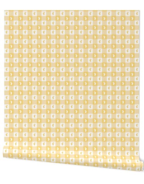 Buttercup and White Gingham Easter Check with Center Bunny Medallions in Buttercup and White Wallpaper